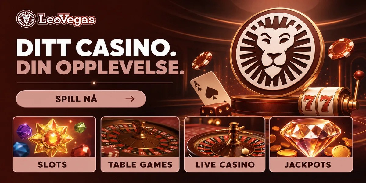 Homepage hero banner for LeoVegas Casino online casino, localized for NO.